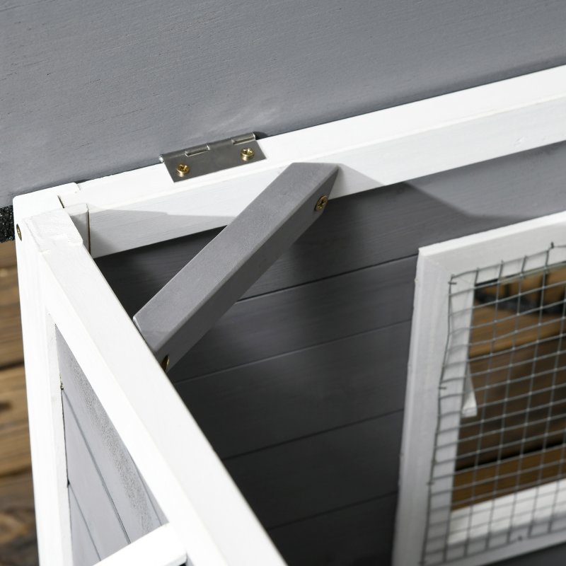 PawHut Wooden Dog Kennel Outdoor, Elevated Dog House for Outside, with Openable Top, Asphalt Roof, Windows, Curtain, Removable Tray, Adjustable Legs, 65H x 97L x 72Wcm, Grey