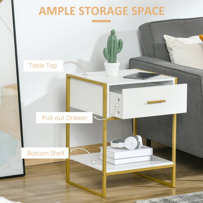 HOMCOM Bedside Table with Storage Drawer and Open Shelf, Modern Nightstand, Side Table with Metal Frame for Bedroom, Living Room, White