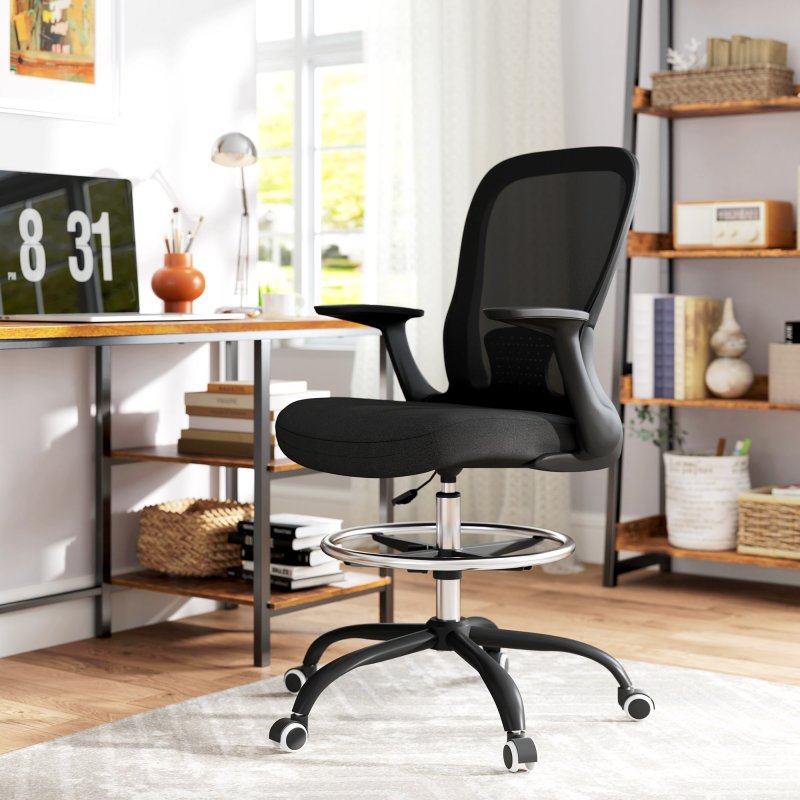 HOMCOM Drafting Chair, Swivel Draughtsman Chair, Ergonomic Office Chair, Mesh Standing Desk Chair with Flip-up Armrest, Lumbar Support, Adjustable Foot Ring, Black