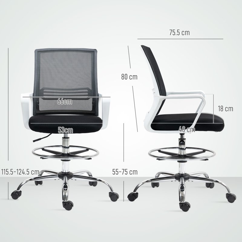 HOMCOM Drafting Chair, Swivel Draughtsman Chair, Ergonomic Office Chair, Mesh Standing Desk Chair with Lumbar Support, Adjustable Foot Ring, Adjustable Height, Black