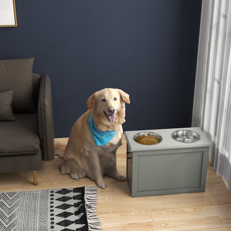 PawHut Raised Dog Bowls, Pet Feeding Storage Station with Two Stainless Steel Bowls, Base, for Large Dogs, Grey