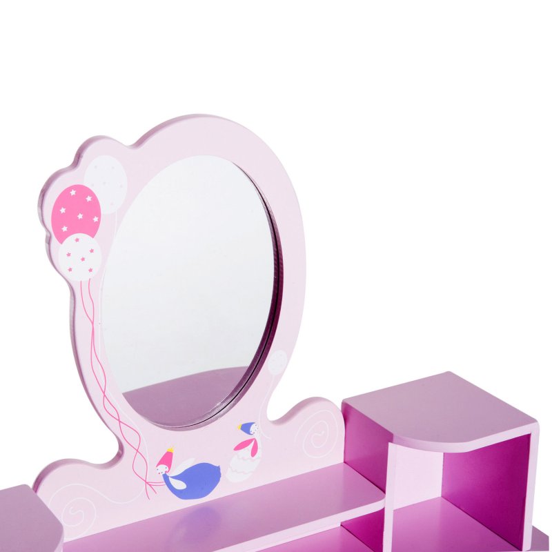 HOMCOM 2 PCS Kids Wooden Dressing Table and Stool Girls Vanity Table Makeup Table Set with Mirror Drawers Role Play Toy for Toddlers Age 3 Years +, Pink and White