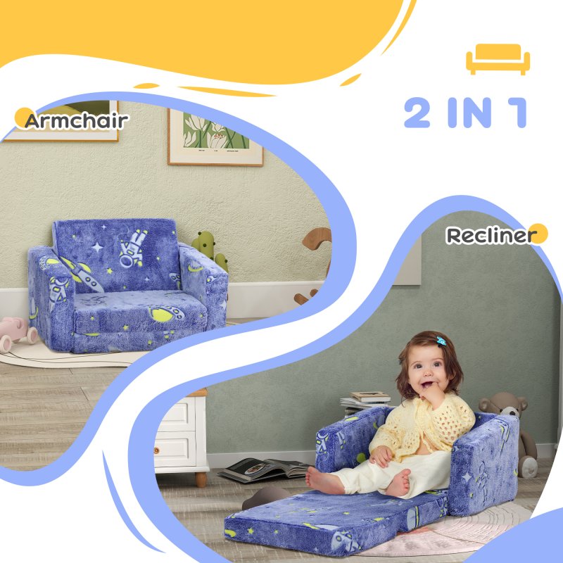 AIYAPLAY Kids Sofa Bed, 2 in 1 Kids Folding Bed Toddler Armchair with Glow in The Dark Cosmic Design, Washable Cushion and Cover, Convertible Kid Chair to Lounger for 1.5-3 Years Old, 1 Seater, Blue