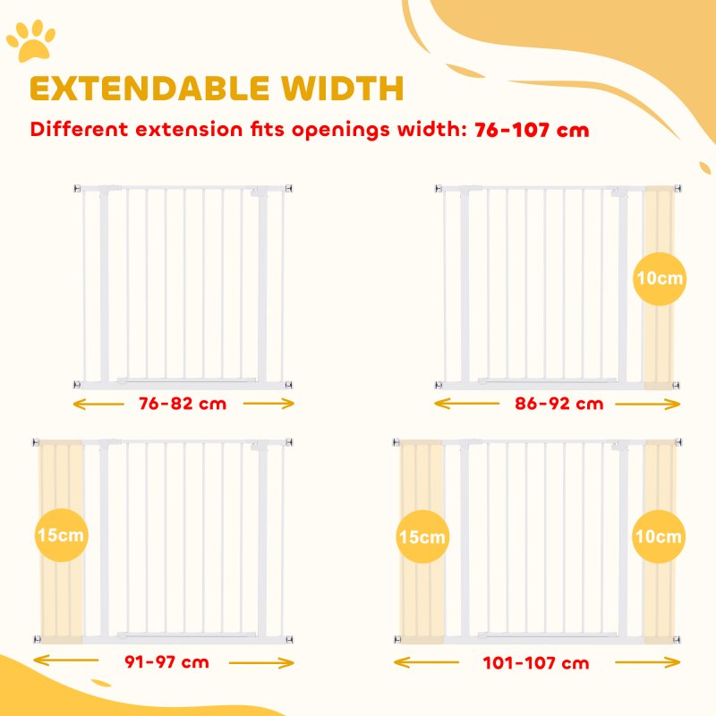 PawHut Dog Gate Pet Safety Gate Stair Barrier Pressure Fit Adjustable 76-82/86-97/101-107 cm, White