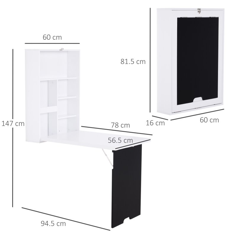 HOMCOM Folding Wall-Mounted Drop-Leaf Table, Convertible Wall Table With Chalkboard and Storage Shelf, Multifunctional Floating Desk for Home Office