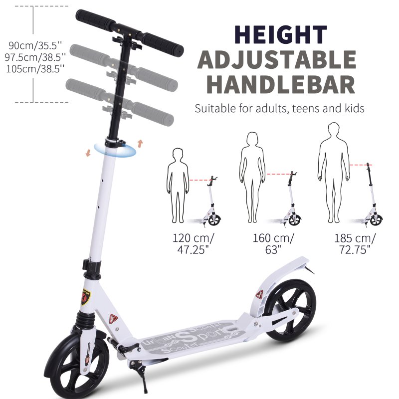 HOMCOM Folding Kick Scooter, Adjustable Ride On Scooter with 200mm Big Wheels and Double Shock Absorption, Urban Scooter for 14+ Teens Adult, White