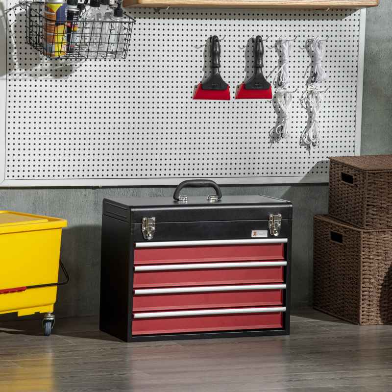 DURHAND 4 Drawer Tool Chest, Lockable Metal Tool Box with Ball Bearing Runners, Portable Toolbox, 510mm x 220mm x 395mm, Black