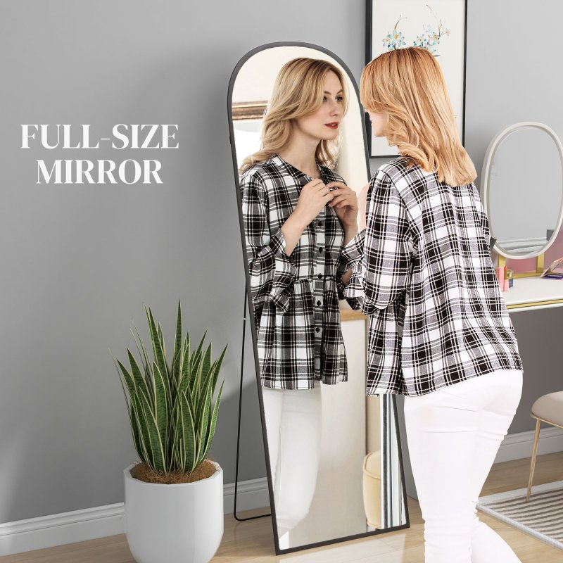 HOMCOM Full Length Mirror, 162x50cm Arched Free Standing Floor Mirror with Aluminium Alloy Frame, Hanging or Leaning for Living Room, Bedroom, Black Frame