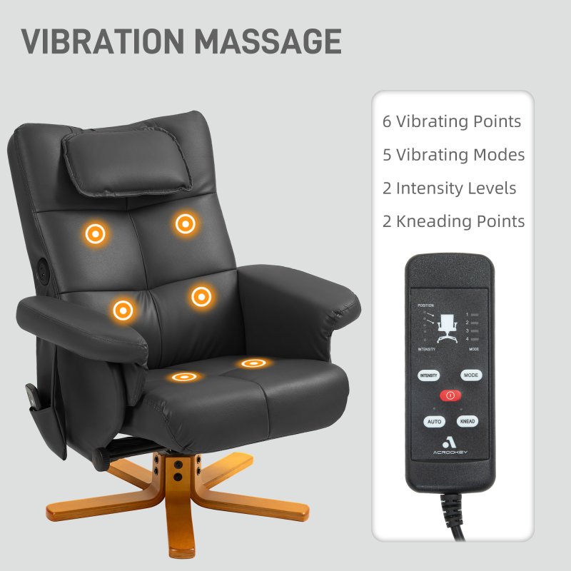 HOMCOM Massage Recliner Chair with Footstool, Upholstered Armchair with Adjustable Backrest, Remote Control, Hidden Storage and Charger for Living Room, Bedroom, Black