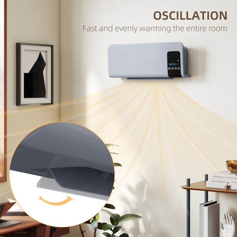 HOMCOM Electric Heater, 2000W Wall Mounted Ceramic Space Heater with Remote Control, 2 Modes, Timer, Oscillation, Overheat Protection for Home, Grey