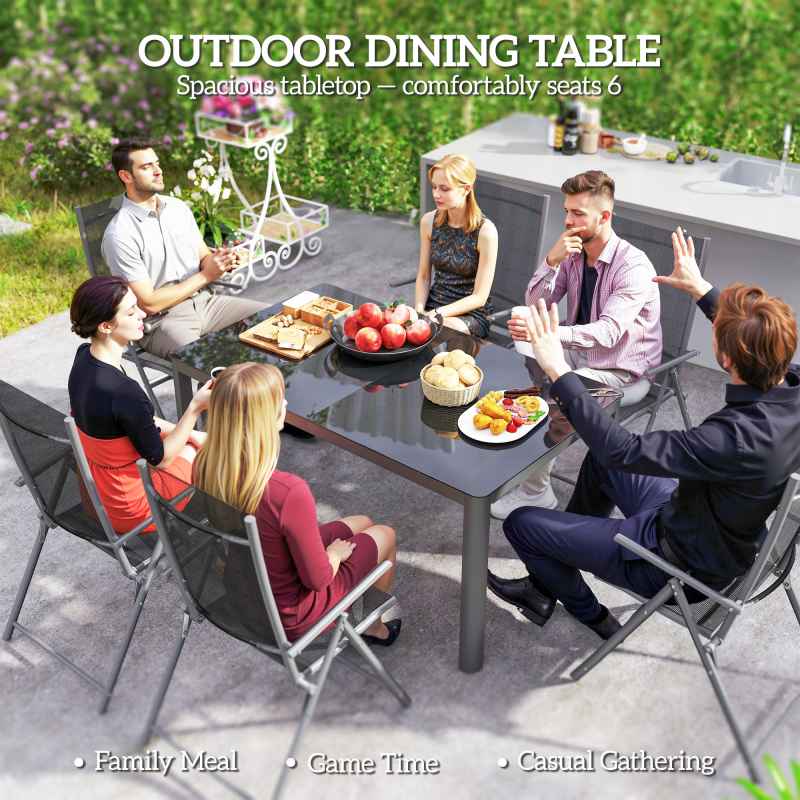 Outsunny Outdoor Dining Table for 6 People, 150 x 88 cm Rectangular Garden Table with Aluminium Frame, Tempered Glass Top and Height-Adjustable Feet for Balcony, Porch, Terrace, Grey