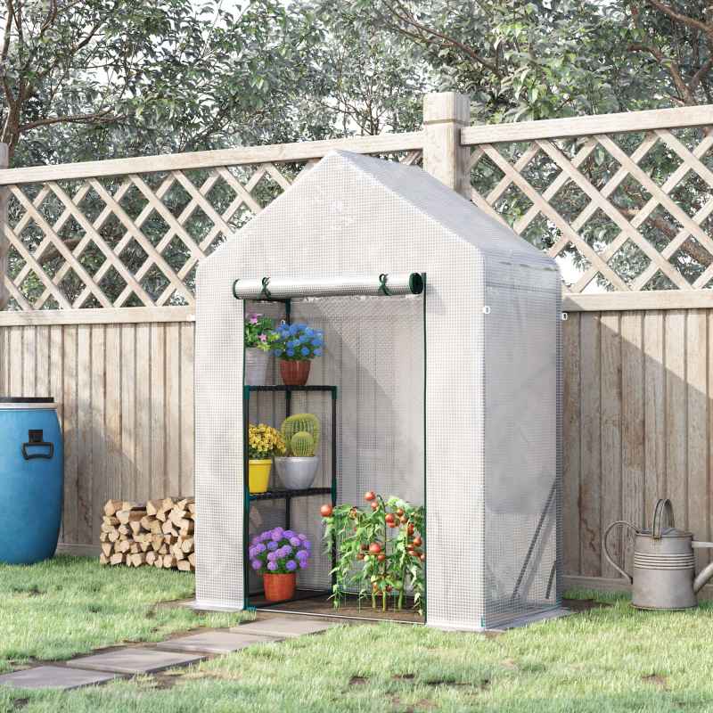 Outsunny Walk In Greenhouse with 2 Tier Shelf, Portable Gardening Plant Grow House Tomato Greenhouse with Roll up Zip Panel Door, Reinforced PE Cover, 143 x 73 x 195cm, Green