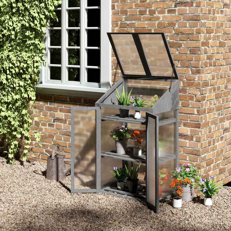 Outsunny Wooden Cold Frame Polycarbonate Greenhouse with Openable Top Cover and Double Door, Grow House for Flower, Vegetable and Plants, 70 x 50 x 120cm, Grey