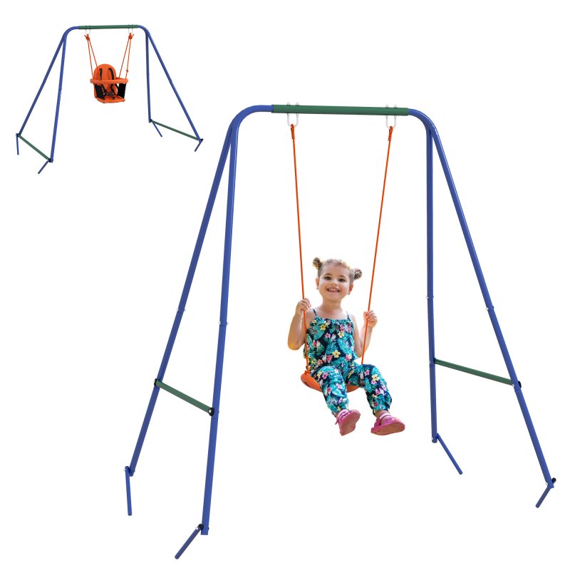 Outsunny 2 In 1 Nursery Swing for Toddlers, Kids, Garden Swing Set with Comfortable Seats, Safety Belt for Indoor, Outdoor Play - Blue and Orange