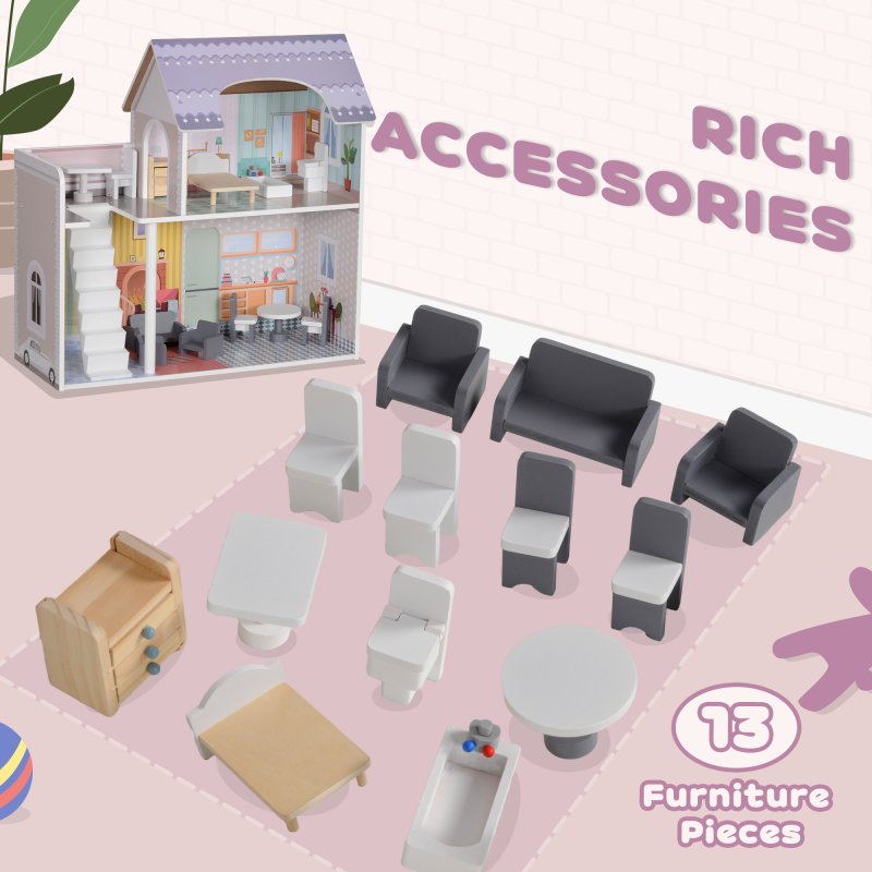 AIYAPLAY Dolls House with 13 Furniture Pieces and Accessories, 2 Levels Play Set with Balcony, Pretend Play Game, for Ages 3-6 Years