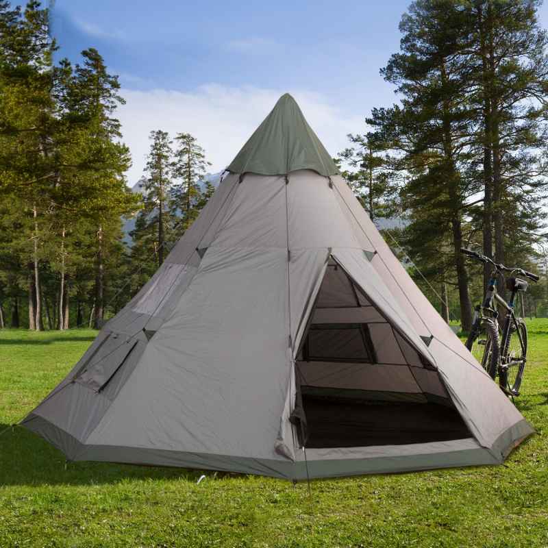Outsunny 6 Men Tipi Tent, Camping Tent with Mesh Windows, Sewn-in Floor, Two Doors and Carry Bag, Easy Set Up, for Hiking Picnics Outdoor Night, Grey