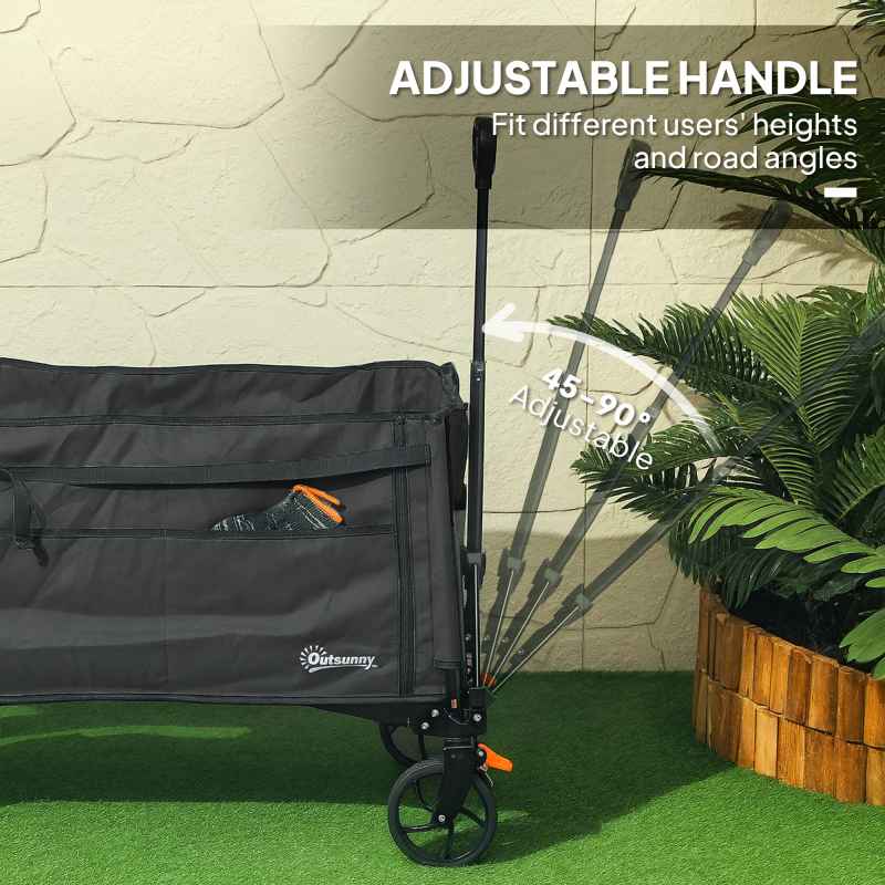 Outsunny Folding Trolley on Wheels, 150L Collapsible Wagon Festival Trolley Cart with Openable Sides, Adjustable Handle and Brakes for Shopping Camping Beach and Garden, Black