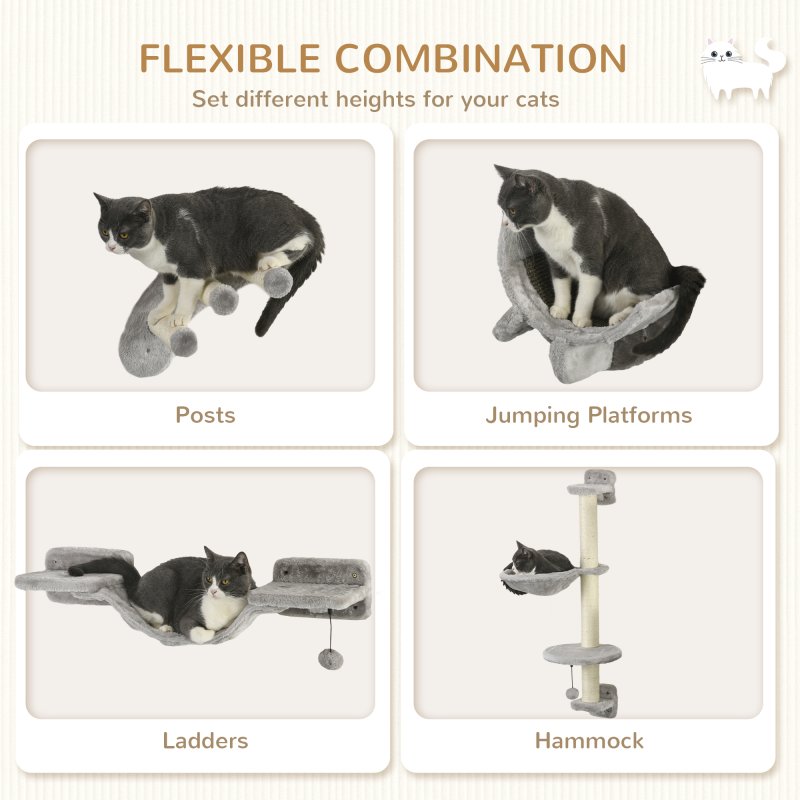 PawHut 4 Piece Cat Shelves, Cat Wall Furniture with Hammock, Scratching Posts, Soft Ladder, Steps, Jump Platforms, Cat Wall Shelves for Indoor Cats - Grey