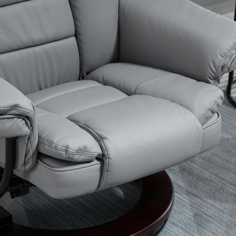 HOMCOM Recliner Chair With footstool, Recliner Armchair up to 130kg Weight Capacity, 135 Reclining Swivel Sofa Chair, PU Leather Ergonomic Couch Bed with Swivel Wood Base for Living Room, Grey
