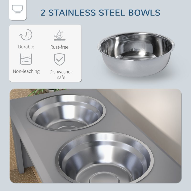 PawHut Raised Dog Bowl Feeding Bowls with Stand for Medium Dogs Elevated Pet Bowls Water Food Feeder 58L x 31W x 25H cm - Grey