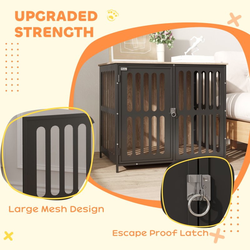 PawHut Dog Crate Furniture, Dog Cage Side End Table Indoor with Anti-Chew Resistant Mesh, Anti-Escape Door, for Medium Dogs, 80 x 55 x 72 cm, Walnut Brown