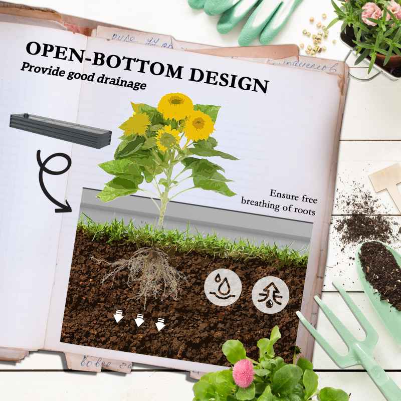 Outsunny Galvanised Raised Bed for Garden, Rectangular Outdoor Elevated Planter Box with Safety Edging and Open Bottom for Growing Flowers, Herbs and Vegetables, 240 x 60 cm, Grey