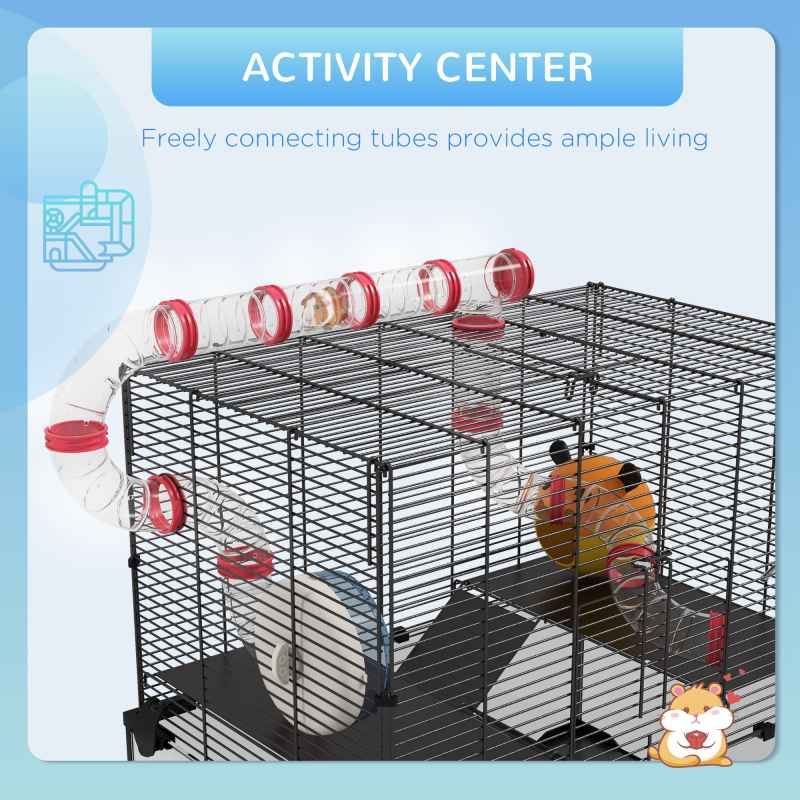 PawHut Large Hamster Cage, Gerbil Cage with Deep Glass Bottom, Tunnels, Non-Slip Ramps, Exercise Wheels, Water Bottle, Dish, 60 x 40 x 57cm