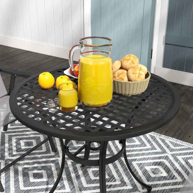 Outsunny 85cm Round Garden Dining Table, Cast Aluminium Coffee Table with Parasol Hole and Adjustable Foot Pad, Patio Table for Outdoor, Balcony, Poolside, Black