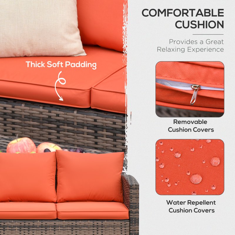 Outsunny 6 Pieces Rattan Garden Furniture Set, 7 Seater Wicker Outdoor Furniture Set with Storage Tea Table & Side Table, Sectional Garden Sofa Set with Cushions, Orange