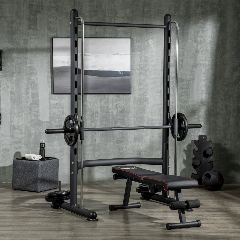 HOMCOM Smith Machine Squat Rack with Pull-Up Bar, Adjustable Weight Rack, Multi-Functional Weight Lifting Barbell Stand for Home, Gym, Strength Training