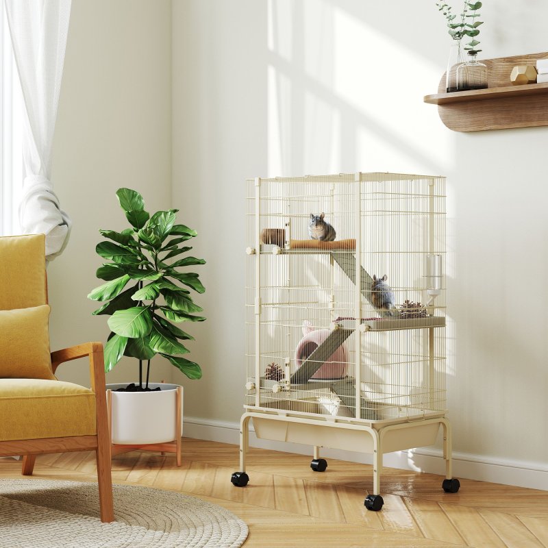 PawHut Rolling Rabbit Cage, 4 Level Rolling Rat Cage with 3 Ramps, Water Bottle, Food Dish, 15cm Deep Tray for Easy Cleaning, Small Pet Cage for Ferrets, Chinchillas, Squirrel, Syrian, Beige