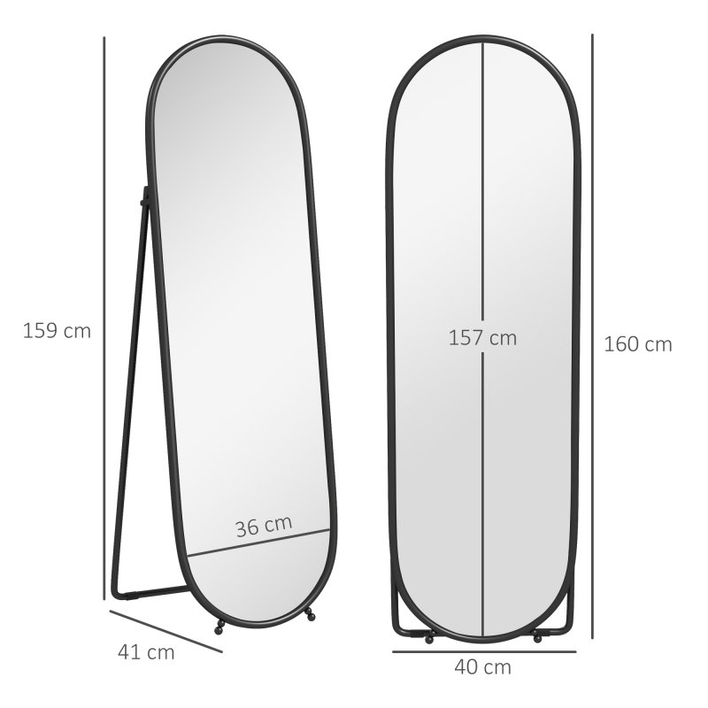 HOMCOM 40 x 160cm Full Length Mirror, Floor Standing or Leaning Against Wall Tall Mirror with Support Frame, Oval Full Body Mirror for Bedroom, Living Room, Black