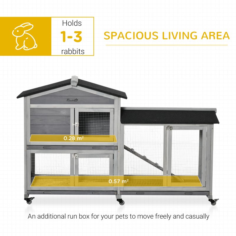PawHut Rabbit Hutch Outdoor with Run Guinea Pig Hutch 2-Tier Bunny Cage w/ Wheels No-Leak Plastic Tray 157.4 x 53 x 99.5 cm - Grey