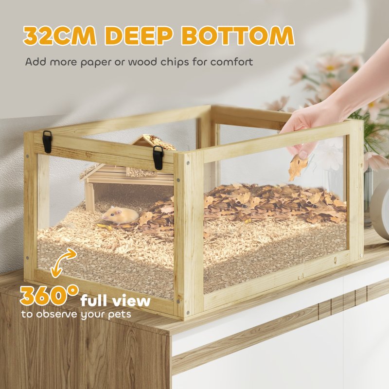 PawHut Wooden Hamster Cage, 3 Tier Gerbil Cage with Detachable 32cm Deep Bottom, Hut, Seesaw, Exercise Wheel, Ramps, Natural Wood Finish