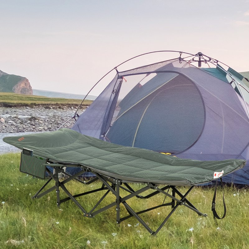 Outsunny Camping Bed for Adults, Single Folding Camp Bed, Padded Portable Camping Cot for Sleeping, with Carry Bag, Side Pocket and Cup Holder for Outdoor, Travel, Fishing, Grey