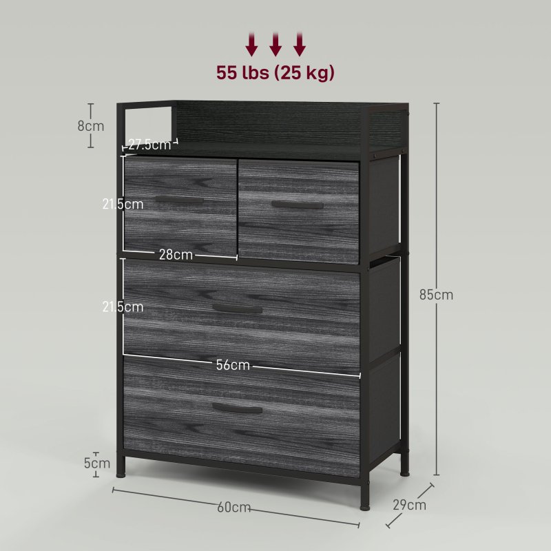 HOMCOM Bedroom Chest of Drawers, Fabric Dresser with 4 Drawers, Storage Organiser Unit with Open Shelf and Metal Frame for Living Room, Entryway