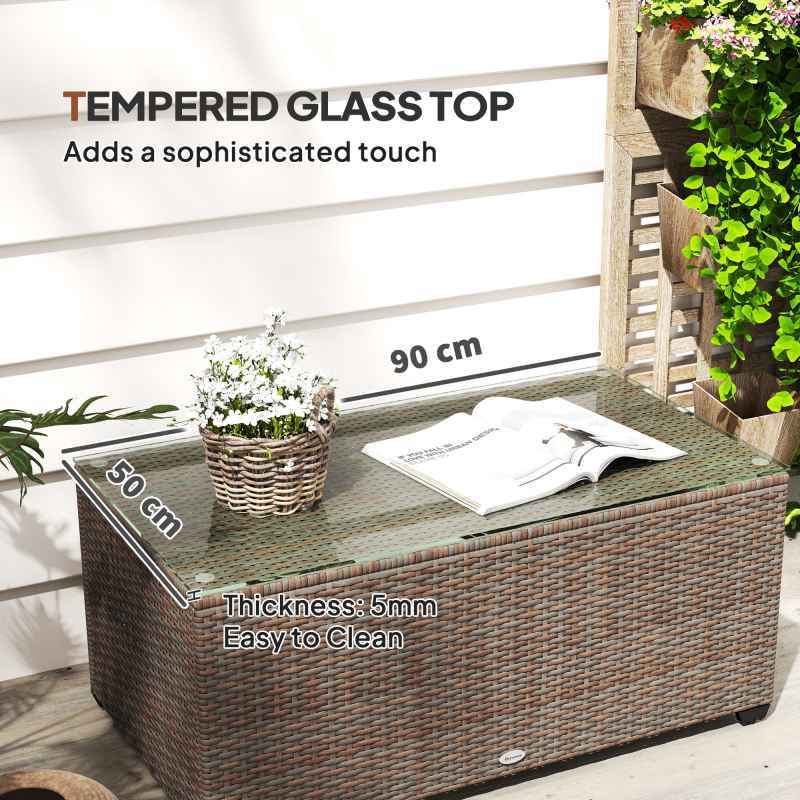 Outsunny Outdoor Coffee Table, PE Rattan Side Table with Tempered Glass Top, Wicker Rectangular Garden Coffee Table End Table with Steel Frame for Patio, Balcony, 90 x 50 x 38cm, Brown
