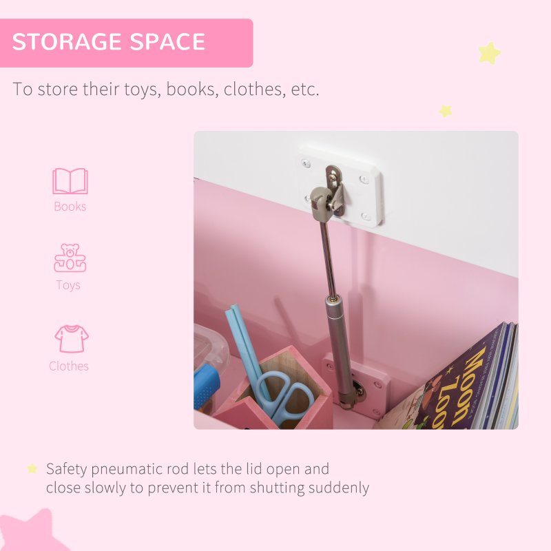 HOMCOM 2 In 1 Wooden Toy Box, Kids Seat Bench Storage Chest Cabinet Organiser w/ Safety Pneumatic Rod, 60 x 30 x 50cm - Pink