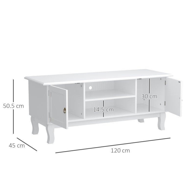 HOMCOM TV Unit up to 55", 2 Doors TV Cabinet with Open Storage Shelves and Cable Management for Living Room, Bedroom, Entertainment Room, 120L x 45W x 50.5H, White