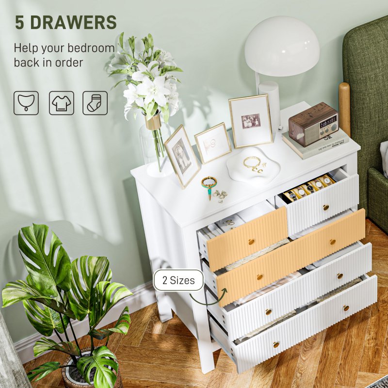 HOMCOM Bedroom Chest of Drawers, Fluted 5 Drawer Dresser with Gold Tone Handles for Living Room, Hallway, Entryway, 79 x 39.5 x 81cm, White