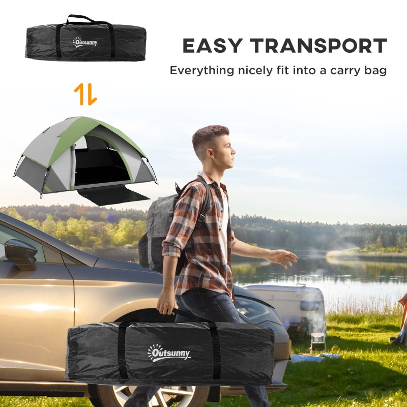 Outsunny Camping Tent, 2 Man Dome Tent, 3000mm Waterproof, with Sewn-in Groundsheet, Carry Bag and Top Hook, for Fishing Hiking Festival, Grey and Green