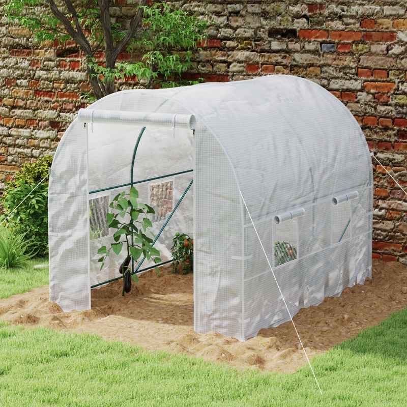 Outsunny Reinforced Walk In Polytunnel Greenhouse with Roll Up Door, Galvanised Steel Frame and Zipped Door Windows (2 x 2.5m), White