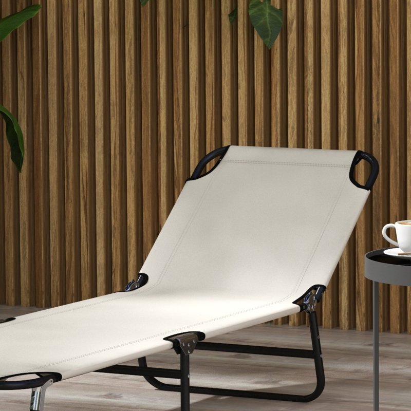 Outsunny Foldable Sun Lounger Set of 2 with 5-Position Adjustable Backrest, Outdoor Portable Recliner Chaise Lounge Chair with Breathable Mesh Fabric, Cream White