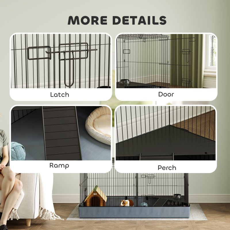 PawHut Guinea Pig Cage, 2 in 1 Rabbit Cage Pet Playpen with Removable Top, 2 Separate Area, Waterproof Oxford Fabric Floor, Perch, Ramp, Small Animal Cage for Guinea Pigs, Bunnies, Hedgehogs, Black