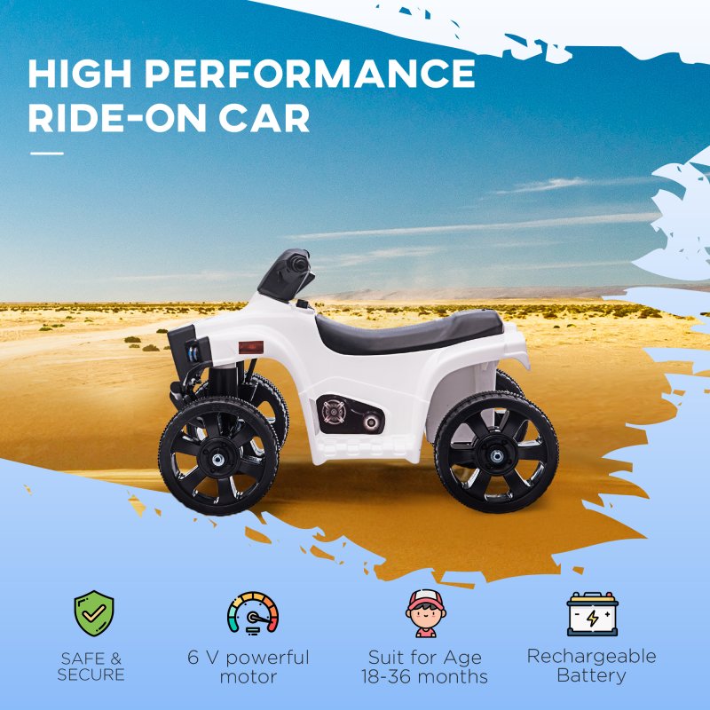 HOMCOM 6V Kids Electric Ride on Car, All Terrain Vehicle Toy, Quad Bike With Headlights, Horn, for Toddlers 18-36 Months White