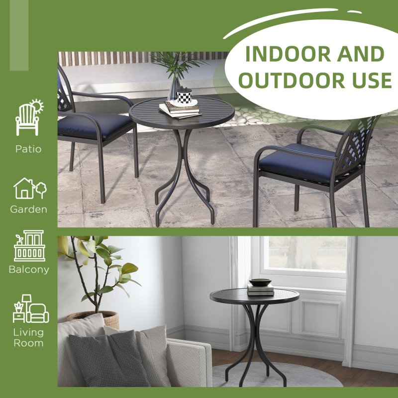 Outsunny 66cm Garden Side Table, Round Bistro Coffee Table, Outdoor Patio Table with Steel Frame and Slat Tabletop for Balcony and Porch, Black