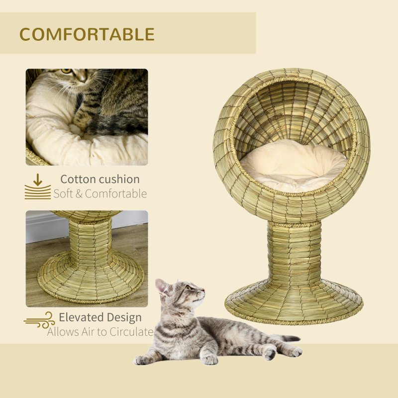 PawHut Raised Cat House, Natural Mat Grass Cat Bed, Kitten Cave with Cushion, Detachable Top, Yellow, 41x 69 cm