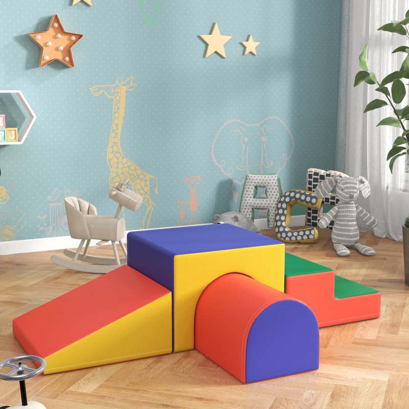 HOMCOM Baby Soft Play Set, 4 Piece Soft Play Equipment for Toddlers 12-36 Months, Climb and Crawl Foam Play, Kids Activity Play Toy, Red