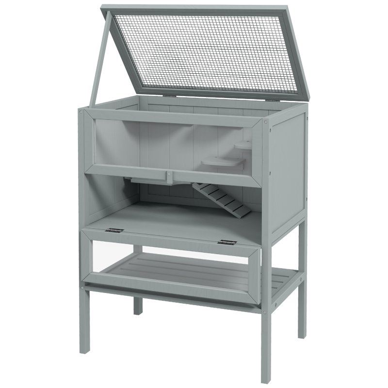 PawHut Wooden Hamster Cage with Storage Shelf, Small Animal Exercise Play House with Openable Top, for Hamsters, Gerbils, 60 x 40 x 80 cm - Grey