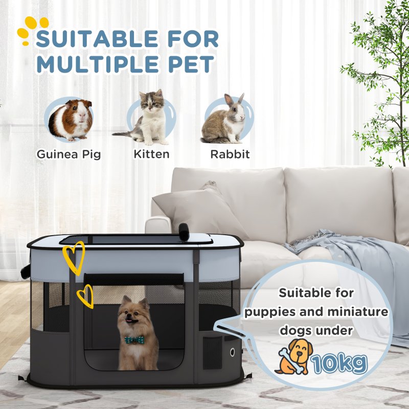 PawHut Dog Pen, Pet Playpen, Portable Foldable Dog Cat Playpen Soft Pet Cage with Storage Bag for Puppies, Rabbits, Kittens, Guinea Pigs, 94 x 74 x 60cm - Grey